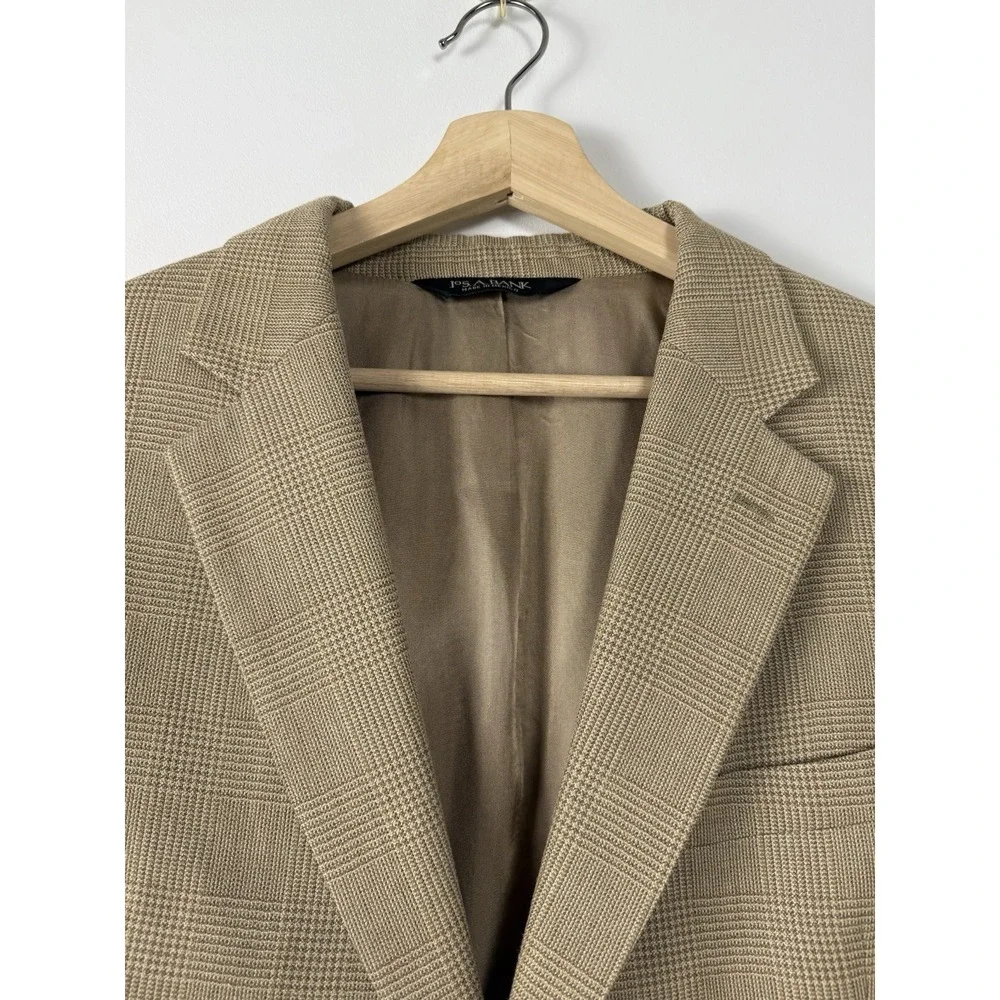 JoS A Bank Jacket Mens 42R Plaid Sport Coat Silk‎ Wool Blend Light Brown